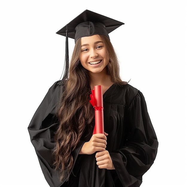 Photo of Graduation Girl Wearing a black graduation gown and cap holding a red diploma and smiling