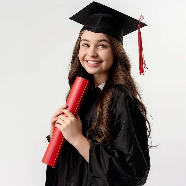 Photo of Graduation Girl Wearing a black graduation gown and cap holding a red diploma and smiling