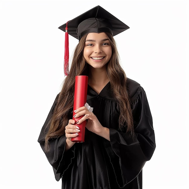 Photo of Graduation Girl Wearing a black graduation gown and cap holding a red diploma and smiling