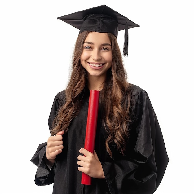 Photo of Graduation Girl Wearing a black graduation gown and cap holding a red diploma and smiling