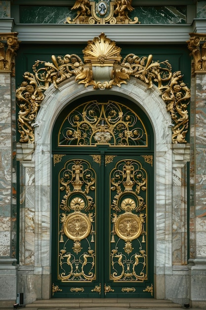 Photo of a grand marble gate at the entrance of a palace isolated on a dark green background