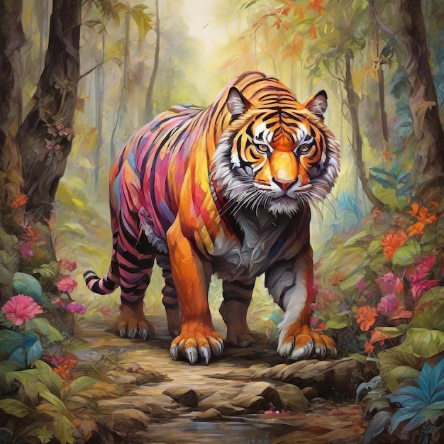 Photo graphic style art illustration of a photo realistic tiger in sunny woods