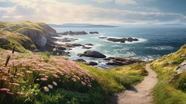 A photo of a grassy coastal terrain wildflowers in the background