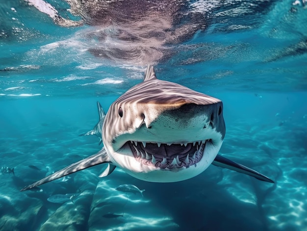 Photo of a Great Shark in blue water looking into the camera