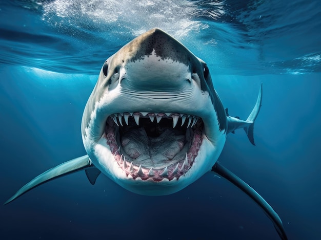 Photo of a Great Shark in blue water looking into the camera