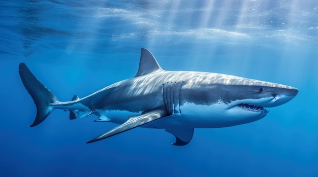 Photo of a Great Shark swimming in blue water side view