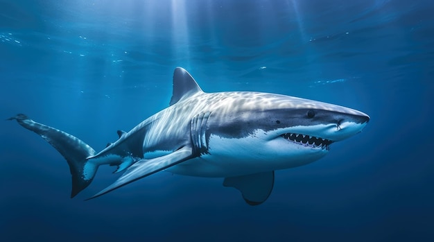 Photo of a Great Shark swimming in blue water side view