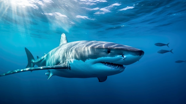 Photo of a Great Shark swimming in blue water side view