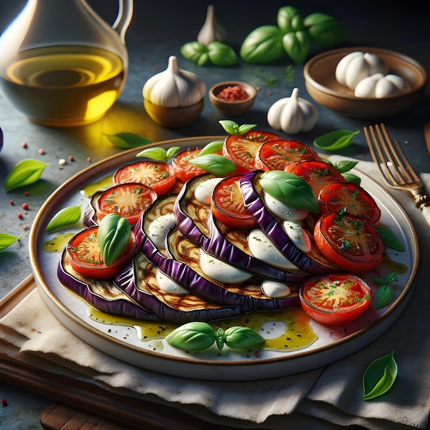 Photo Greek cuisine consists of baked grilled and sauted eggplant paired with mozzarella cheese