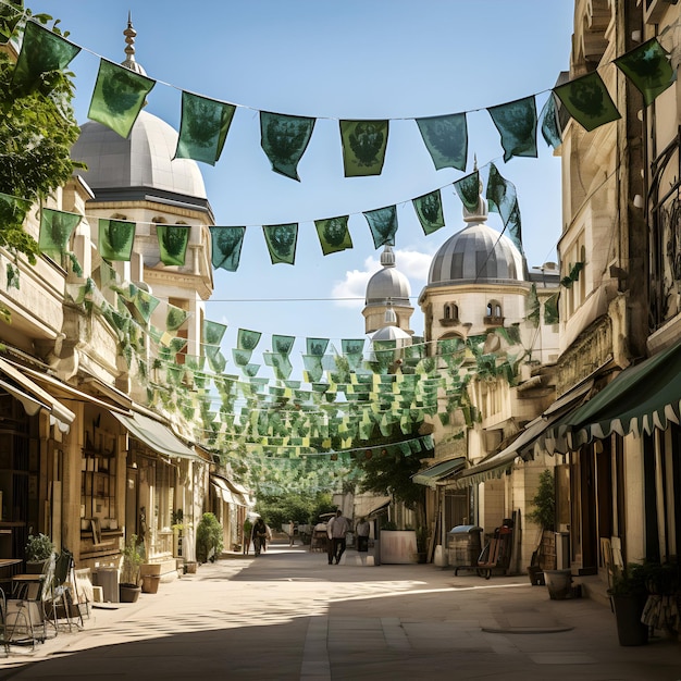 Photo Green Bunting Flags in Streets for12 Rabi Ul Awal islamic celebration generative ai