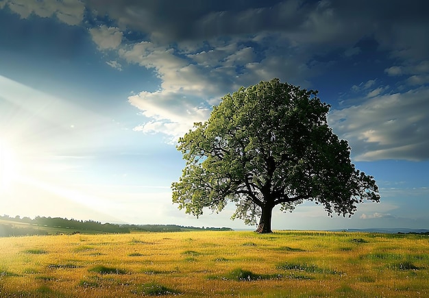 Photo of a green tree on a mountain hill with a sky background landscape