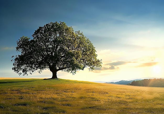 Photo of a green tree on a mountain hill with a sky background landscape