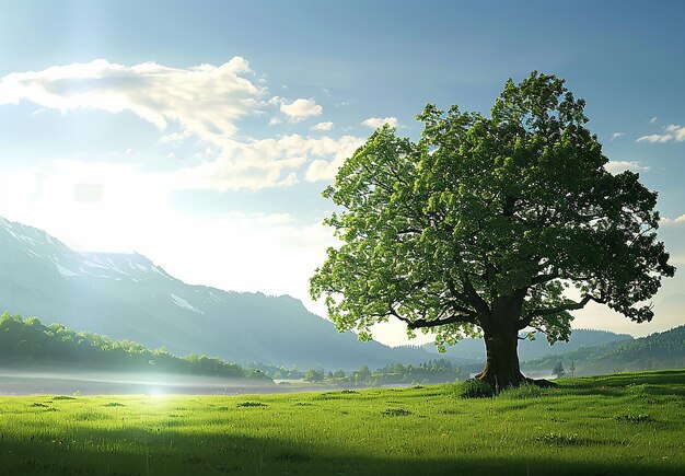 Photo of a green tree on a mountain hill with a sky background landscape