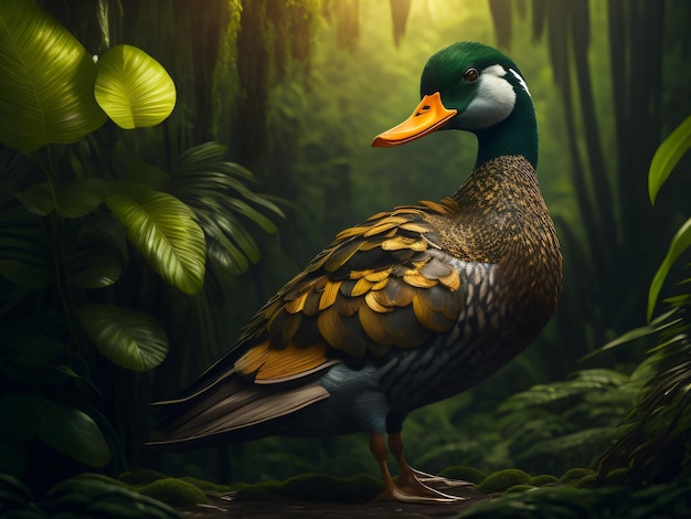 Photo a green wild duck in the dark green forest