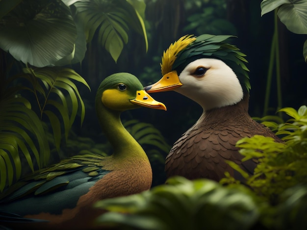 Photo a green wild duck in the dark green forest