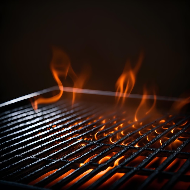 photo grill background, barbecue fire grill close-up, isolated on black background photography