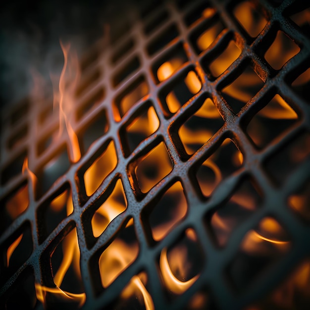 photo grill background, barbecue fire grill close-up, isolated on black background photography