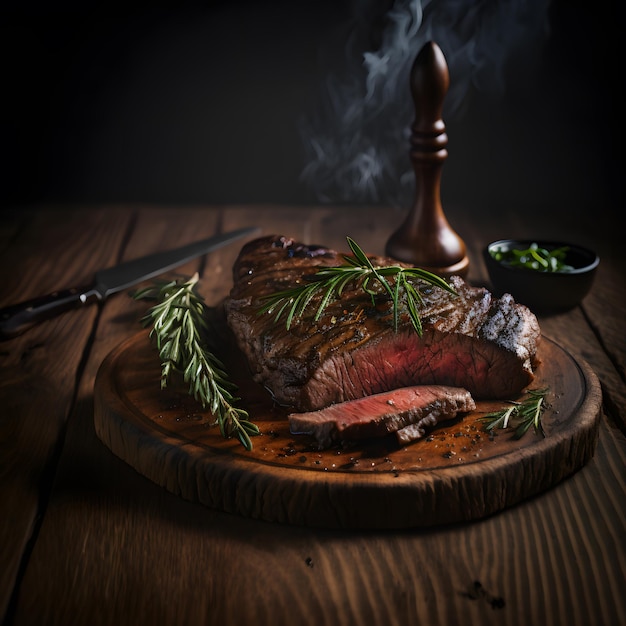 photo grilled beef steak on the dark wooden surface food photography