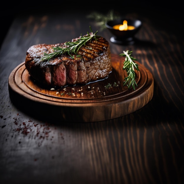 photo grilled beef steak on the dark wooden surface food photography