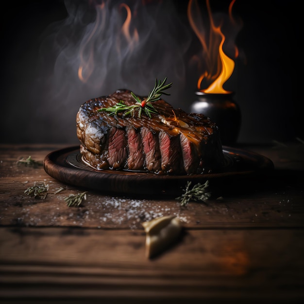 photo grilled beef steak on the dark wooden surface food photography