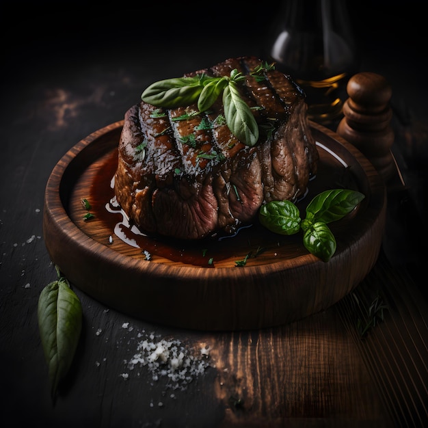 photo grilled beef steak on the dark wooden surface food photography