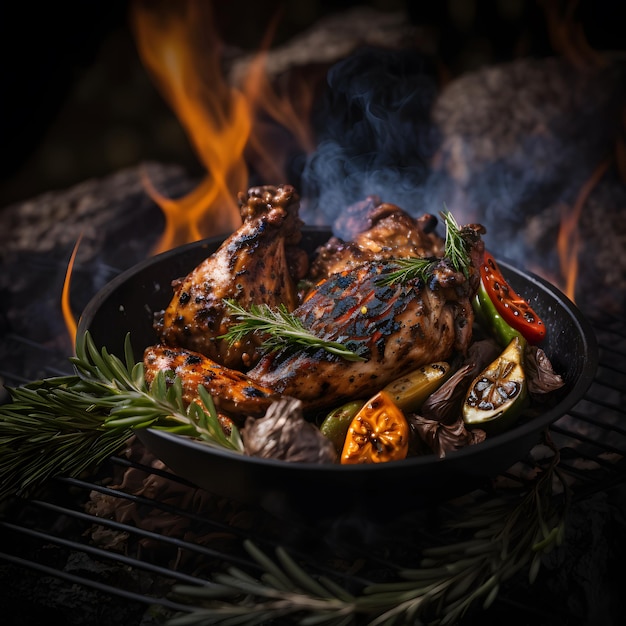 photo grilled chicken wings on the flaming grill with grilled vegetables in barbecue sauce