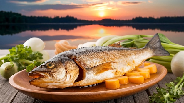 Photo Grilled fish with sunset lake healthy outdoor food