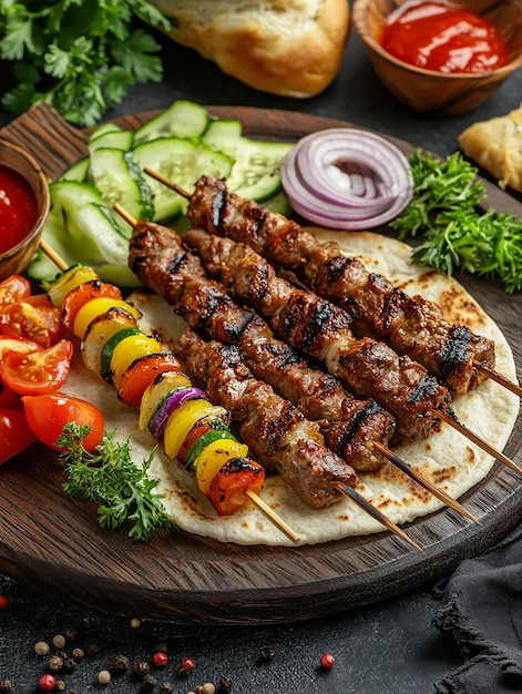 Photo photo of grilled kebabs foods with vegetables and flatbread on a wooden platte