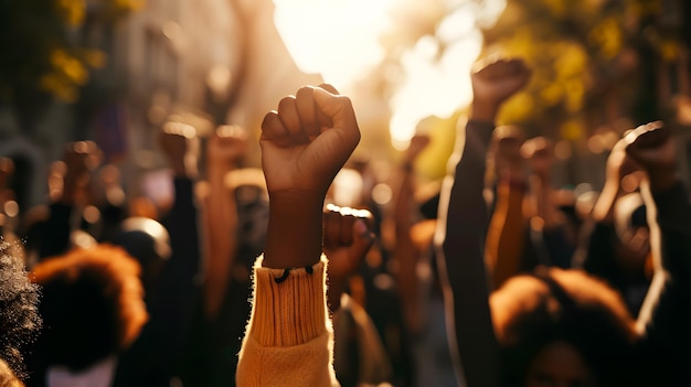 Photo of a group of black people with raised fists as a sign of fighting for their rights