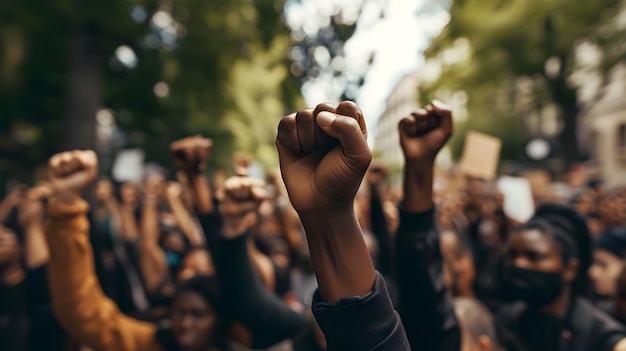 Photo of a group of black people with raised fists as a sign of fighting for their rights