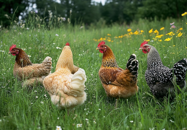 Photo photo of a group of chickens grazing in a sunlit field with wildflowers hens and roosters at farm