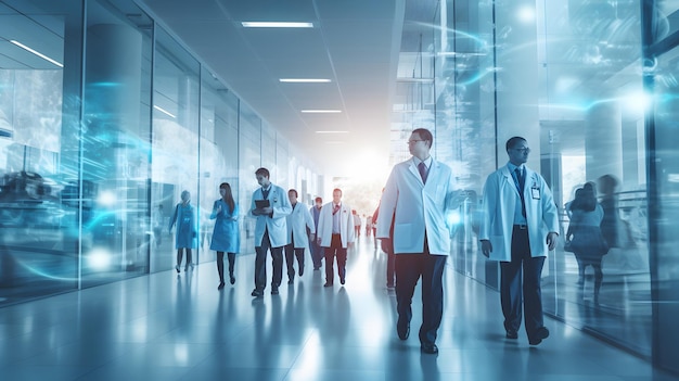 Photo of a group of doctors walking down a hospital hallway