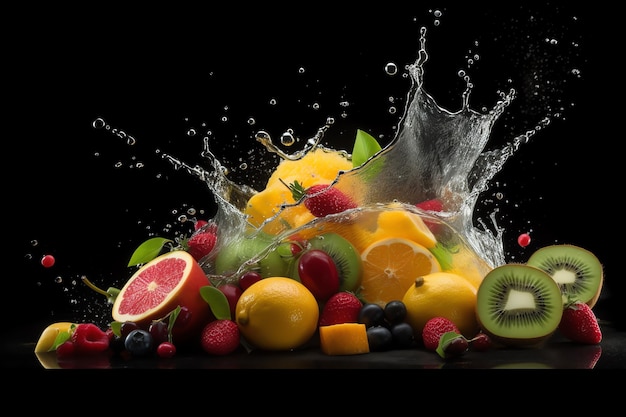 Photo group of fresh fruits with splash water