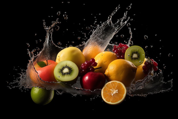 Photo group of fresh fruits with splash water