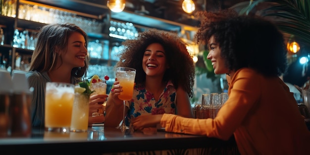 Photo of a group of friends in a bar laughing drinking cocktails and having a great time Bright