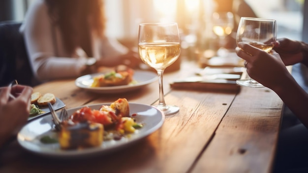 Photo of a group of friends focused on food and alcohol