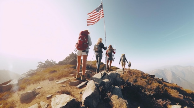 A photo of a group of friends hiking to a mountain peak and raising a flag on Independence Day