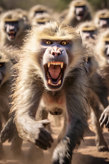 Photo of a group of monkeys expressing excitement or surprise with their open mouths