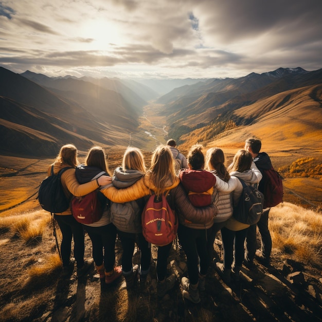 photo of a group of teenagers hugging each other with a mountain background