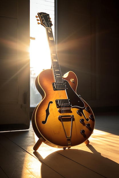 Photo a guitar with a brown body with a gold trim generated ai