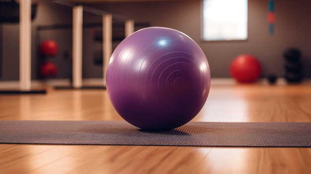 A photo of a gym ball on a yoga mat