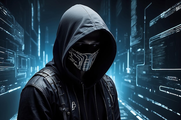 Photo of a hacker with hood in a futuristic background