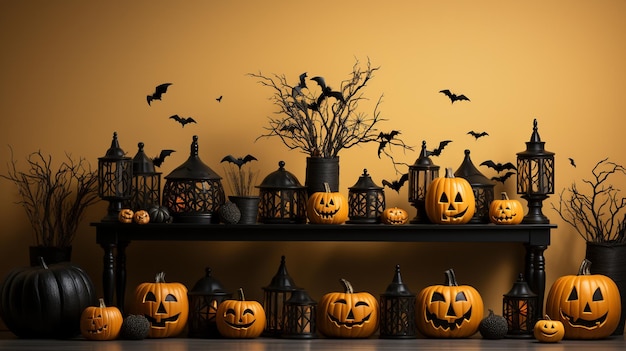 photo of halloween decorations pumpkin baskets candy corn straws spiders web bats ghost