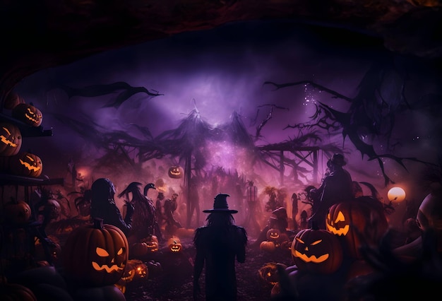 Photo Halloween party background with evil pumpkins for halloween day