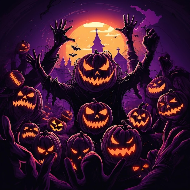 Photo halloween party background with spooky castle evil pumpkins for halloween day