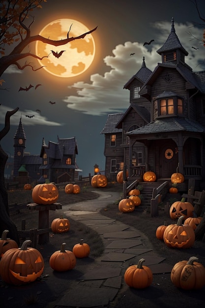 Photo halloween pumpkins and castle spooky in night of full moon