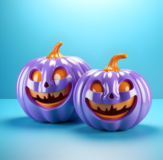 Photo halloween pumpkins with funny and scary faces sale banner for halloween day concept on blue