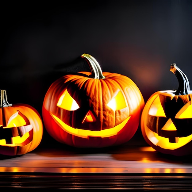 Photo Halloween pumpkins with the light on a black background terrifying image generative ai