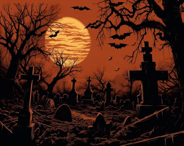 Photo Halloween wallpaper with cemetery at night for halloween day concept