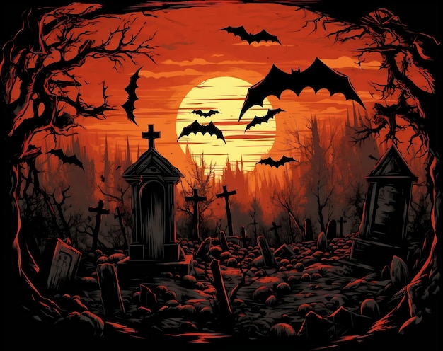 Photo Halloween wallpaper with cemetery at night for halloween day concept